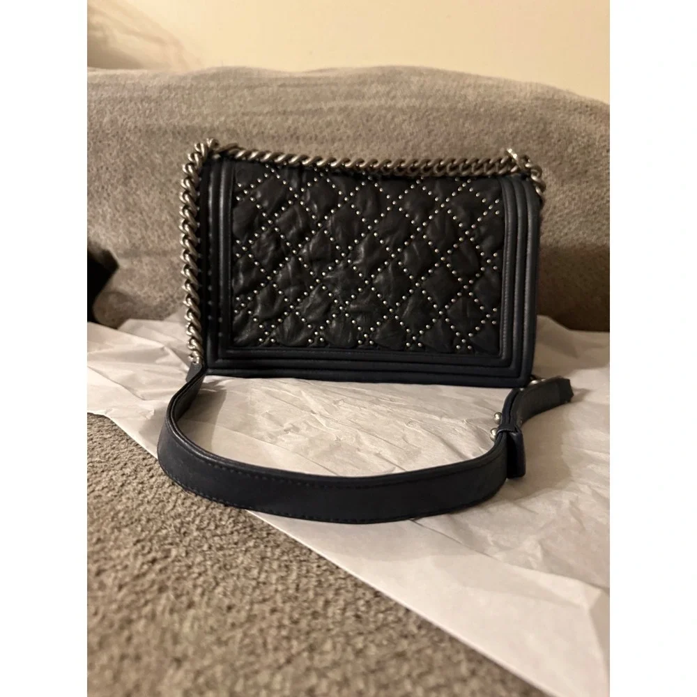 Chanel Studded Boy Flap Bag New Medium Dark Navy Aged Ruthenium Hardware COA